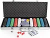 An open aluminum poker case filled with poker chips, playing cards, and dice. Podgląd zdjęcia produktu