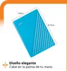 A blue Western Digital My Passport external hard drive is shown from a top-down angle with dimensions and descriptive text. Produktbild-Vorschau