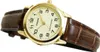 A close-up, angled view of a gold-toned Casio watch with a brown leather strap. Produktbild-Vorschau