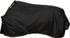 A black horse blanket with gold trim is laid out on a white background. Produktbild-Vorschau