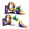 Two images showing a LEGO City Stuntz action set with a dinosaur motorcycle performing a stunt jump. Produktbild-Vorschau