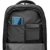 Inside view of a black backpack, showing organized compartments with a smartphone and wallet. Náhled obrázku produktu