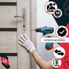 A person is installing a door handle on a wooden door, with marketing graphics on the side. Produktbild-Vorschau