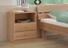 A wooden nightstand next to a bed. Produktbild-Vorschau
