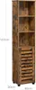 A tall, narrow storage cabinet with a slatted door and open shelves, with dimension labels. Náhled obrázku produktu
