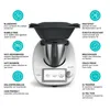 A white kitchen appliance with various feature callouts around it. Produktbild-Vorschau