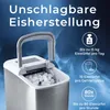 A close-up marketing image of an ice maker with text overlays highlighting its features. Produktbild-Vorschau