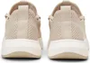 The rear view of two beige knit sneakers with white soles. Produktbild-Vorschau
