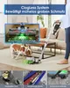 A person is using a cordless vacuum cleaner in a living room, with a dog nearby and close-up shots of the vacuum's features at the bottom. Produktbild-Vorschau
