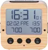 A digital alarm clock with a wood-effect casing is shown against a light gray background. Produktbild-Vorschau