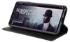 A smartphone in a black flip case is displayed on a white background. The phone screen shows a movie poster for 'The Inspector'. Produktbild-Vorschau