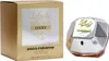 Paco Rabanne Lady Million Lucky Eau de Parfum, 80 ml, in diamantförmigem silber-goldenem Flakon neben passender goldener Verpackung. Produktbild-Vorschau