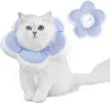 A white cat wearing a light blue and white flower-shaped Elizabethan collar, with a separate collar shown to the right. Produktbild-Vorschau