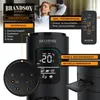 A promotional collage showing a Brandson tower fan with close-ups of its control panel and remote. Produktbild-Vorschau