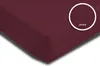 A close-up view of a burgundy-colored fitted sheet, with a circular inset showing a magnified view of the fabric texture and the word 'Jersey'. Produktbild-Vorschau