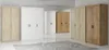 A collection of wardrobes in different colors and wood finishes, arranged in a showroom setting. Produktbild-Vorschau