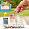 A hand is shown adding a red liquid from a dropper bottle into a test tube containing water and a color strip. In the foreground, there is a bottle labeled 'Orthotolidine' and a set of test tubes with color charts for pH and chlorine levels. Produktbild-Vorschau