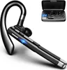 A black wireless headset with a charging case is displayed against a white background. The charging case has a digital display showing battery levels. Produktbild-Vorschau