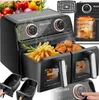 A collage of images showcasing a dual-chamber air fryer, its accessories, and food being cooked. Produktbild-Vorschau