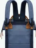 The back of a blue backpack with brown leather accents. Voir les images du produit