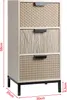 A tall, narrow chest of drawers with three patterned drawers and black metal legs, shown against a white background with dimensions indicated by red lines and text. Podgląd zdjęcia produktu