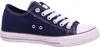 A side view of a navy blue canvas sneaker with white laces and a white sole. Produktbild-Vorschau
