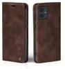 A brown leather flip case for a smartphone is shown from two angles, one closed and one open to reveal the phone's camera. Produktbild-Vorschau