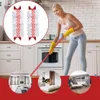 A woman is cleaning a kitchen floor with a mop, and the image is overlaid with circular images of different rooms and the product itself. Produktbild-Vorschau