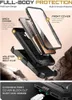 An exploded view of a phone case with callouts for its features, set against a rocky background. Produktbild-Vorschau