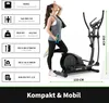 A woman is posing next to a black elliptical cross trainer, holding a towel and a water bottle. The image includes various specifications and dimensions of the cross trainer presented in boxes on the left side and along the bottom and right edges. Podgląd zdjęcia produktu