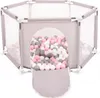 A hexagonal playpen filled with pink, white, and gray balls, with an opening in the front. Produktbild-Vorschau