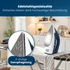 A steam iron is shown on an ironing board in a domestic setting, with text highlighting its features. Náhľad obrázku produktu