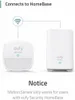 Diagram showing a Eufy motion sensor connecting to a Eufy HomeBase via Wi-Fi, with a notice about compatibility. Produktbild-Vorschau