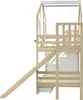 A wooden bunk bed with a slide and stairs, shown from the side against a white background. Produktbild-Vorschau