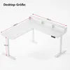 A white L-shaped standing desk with dimensions indicated. Produktbild-Vorschau