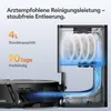 A robotic vacuum cleaner and its dustbin station are shown with text highlighting features. Produktbild-Vorschau