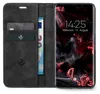 A black flip-style phone case with card slots and a phone displaying the time and date. Produktbild-Vorschau