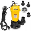 A yellow submersible pump with a black base and power cord, along with several black hose adapters and a metal ring, is displayed against a white background. Podgląd zdjęcia produktu