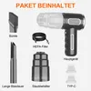 A flat lay image showing the contents of a vacuum cleaner package, including the main unit and various accessories, with labels in German. Produktbild-Vorschau