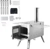 A stainless steel camping stove and its accessories are displayed against a white background. Podgląd zdjęcia produktu