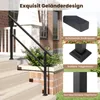A black metal handrail is installed on outdoor stairs next to a brick house. The image includes close-up shots highlighting product features. Podgląd zdjęcia produktu