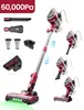 A red and silver cordless vacuum cleaner is shown with various attachments and accessories, along with multiple views of the vacuum cleaner itself. Produktbild-Vorschau