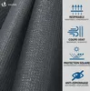 A close-up of dark gray fabric with informational icons and text on the right side. Produktbild-Vorschau