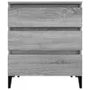 A close-up front view of a grey wooden sideboard with three drawers and black legs. Podgląd zdjęcia produktu