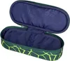 An open pencil case with a green and yellow geometric pattern on the outside and a blue interior. Produktbild-Vorschau