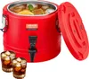 A red insulated beverage dispenser with a lid off, showing the inside filled with ice and liquid, and two glasses of iced beverage in the foreground. Produktbild-Vorschau