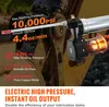 A close-up of an electric grease gun with text overlays highlighting its features, set against a blurred industrial background. Náhled obrázku produktu