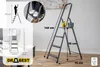 A stepladder is shown in a room with dimensions and weight limit indicated. Voir les images du produit