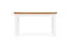 A white dining table with a wooden top is shown against a white background. Produktbild-Vorschau