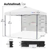 A diagram showing the dimensions of a white pop-up canopy tent, with additional images of a sandbag weight and the folded tent. Produktbild-Vorschau